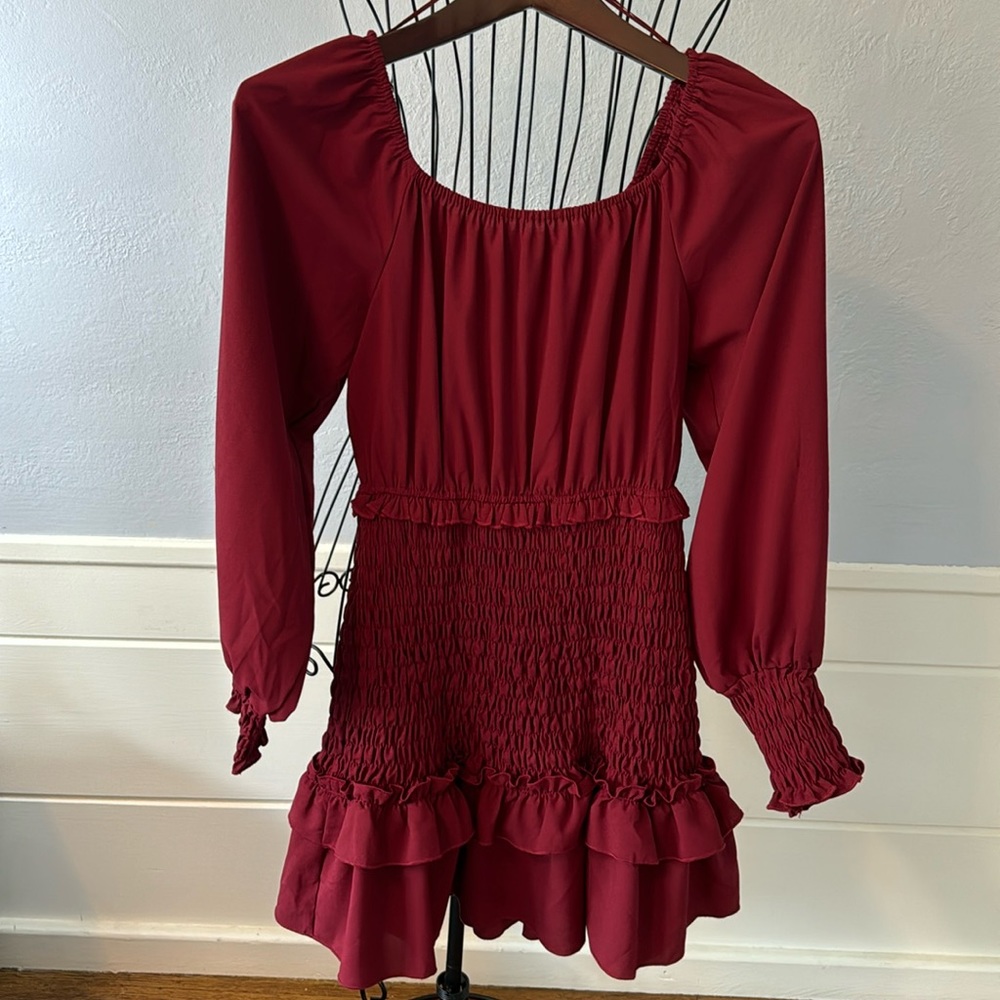 Aakaa Wine Red Smocked Ruffle Mini Dress